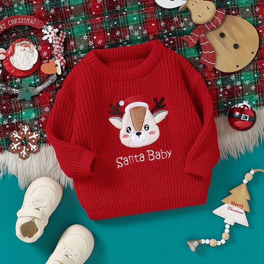 Christmas Red Pullover Elk Baby Crew Neck Sweater-New Year Gift