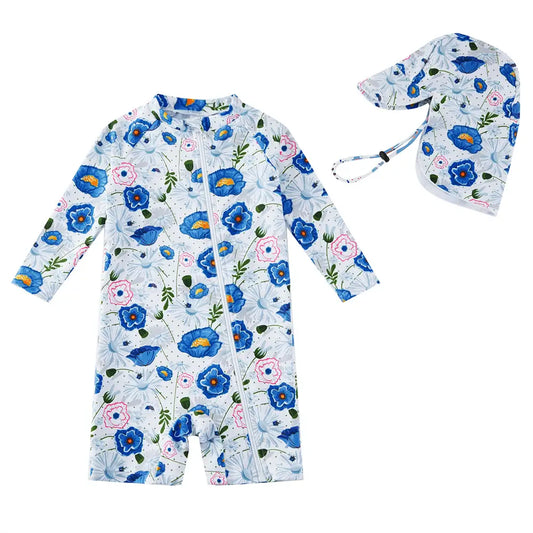 Toddler Girl One-piece Swimwear with Sun Hat Full Zip UPF 50+ Sunsuit-Blue Flower