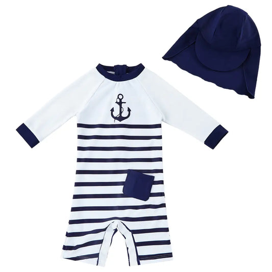 Toddler Boys One-piece with UPF 50+ & Sun Hat-Navy Anchor