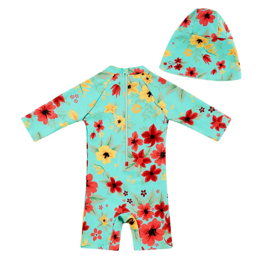 Baby Girl Swimsuit One Piece Sunsuit with UPF 50+ Sun Hat-Chinese Style