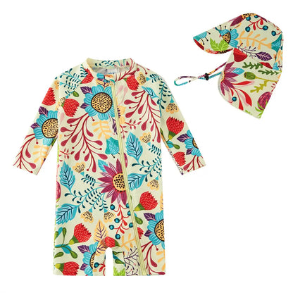 Recycled Toddler Girl UPF 50+ Sunsuit Full Zip Swimsuit with Sun Hat-Hot Summer