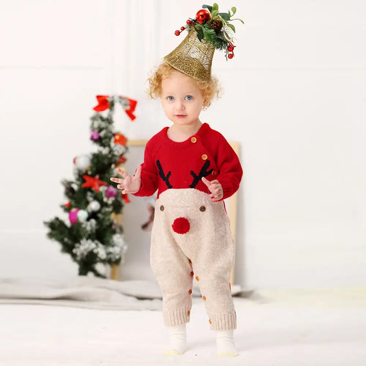 Christmas Elk Warm Sweater Baby One-piece Pullover with Snaps