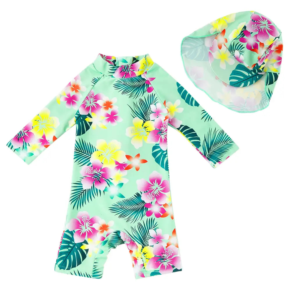 Girl Sunsuit Baby Girl Swimsuit with Sun Hat UPF 50+-Green Flower