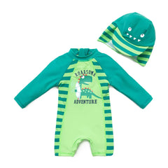 Infant Boy One-piece Swimwear with Sun Hat UPF50+ Sunsuit-Green Dinosaur