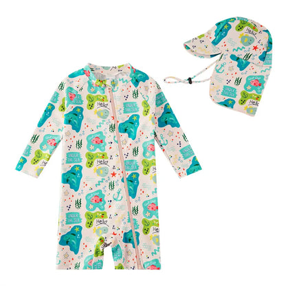 Recycled Baby Girl Full Zip Swimsuit with Sun Hat UPF 50+-Green Shark