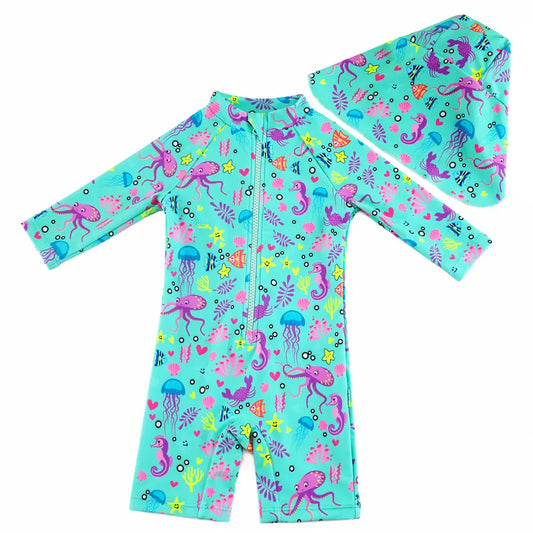 Baby Girl Sunsuit Set with Sun Hat UPF 50+-Blue Octopus