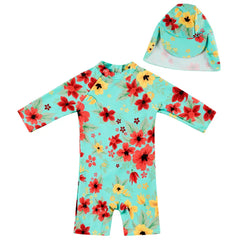 Baby Girl Swimsuit One Piece Sunsuit with UPF 50+ Sun Hat-Chinese Style