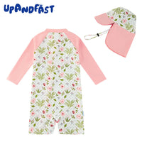 Baby Girl Full Zip Swimwear with Sun Hat UPF 50+ Sunsuit-Pink Flower