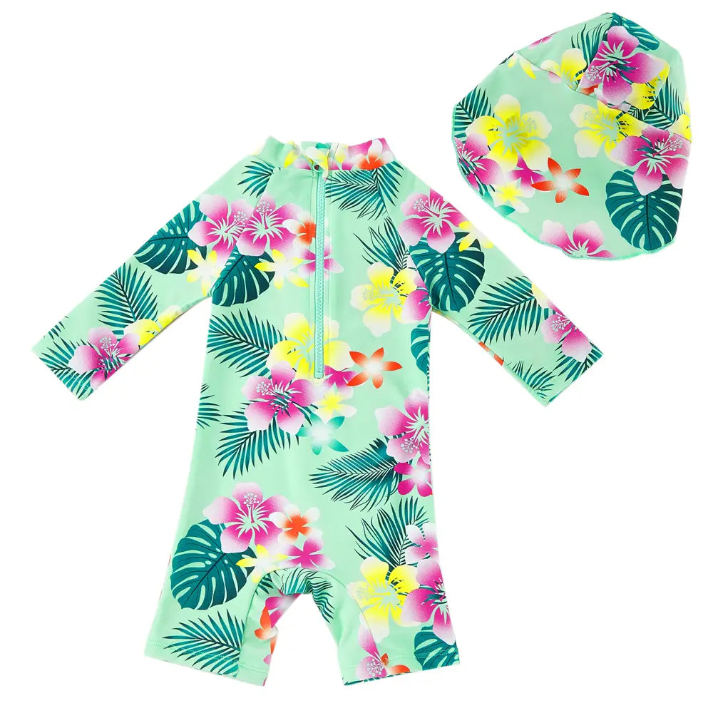 Girl Sunsuit Baby Girl Swimsuit with Sun Hat UPF 50+-Green Flower