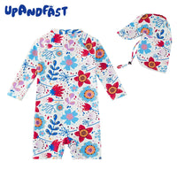 Baby Girl Swimsuit with UPF 50+ Sun Hat Full Zipper Sunsuit-Sunflower