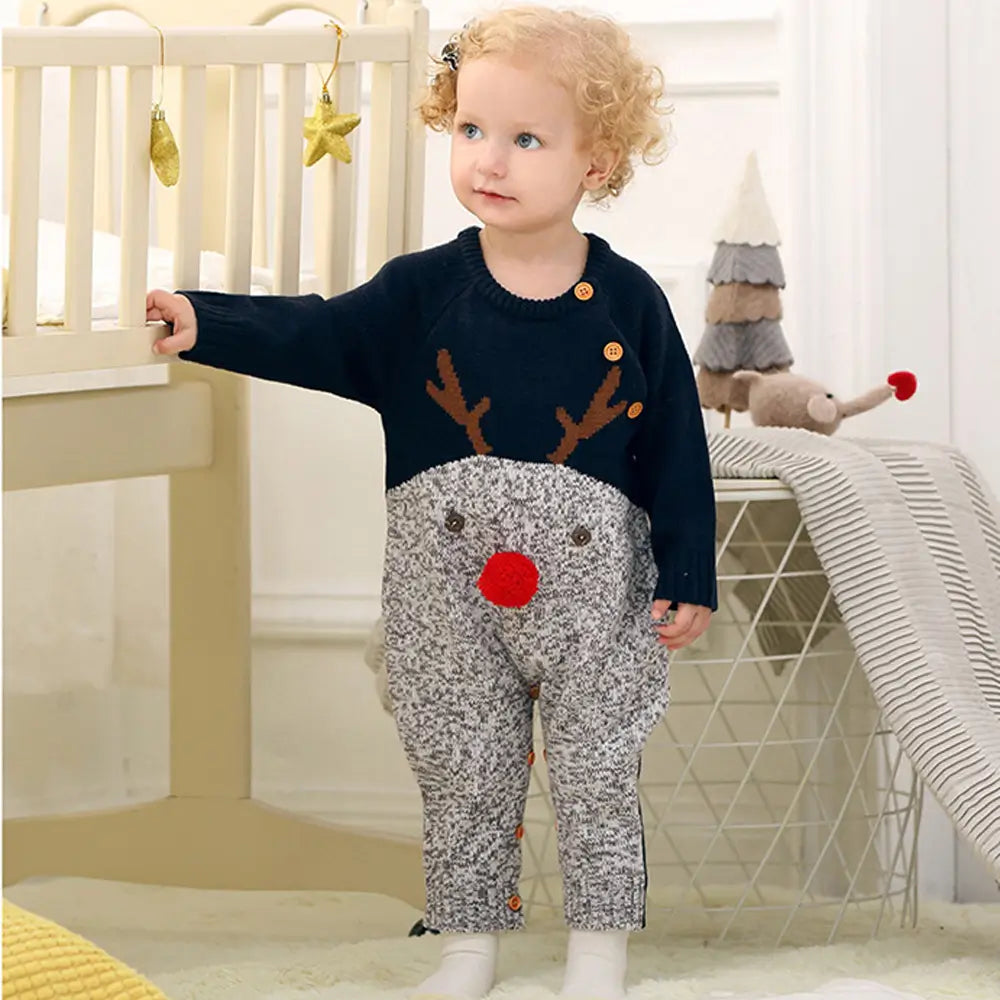 Christmas Elk Warm Sweater Baby One-piece Pullover with Snaps