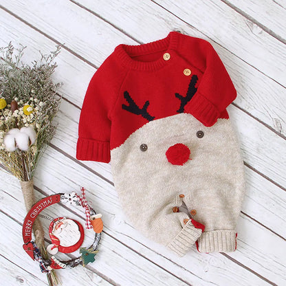 Christmas Elk Warm Sweater Baby One-piece Pullover with Snaps