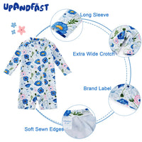 Toddler Girl One-piece Swimwear with Sun Hat Full Zip UPF 50+ Sunsuit-Blue Flower