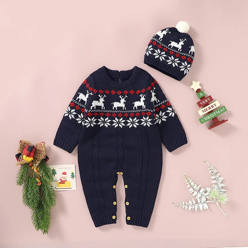 Baby Christmas Gift One-piece Sweater with Hat-Christmad Elk