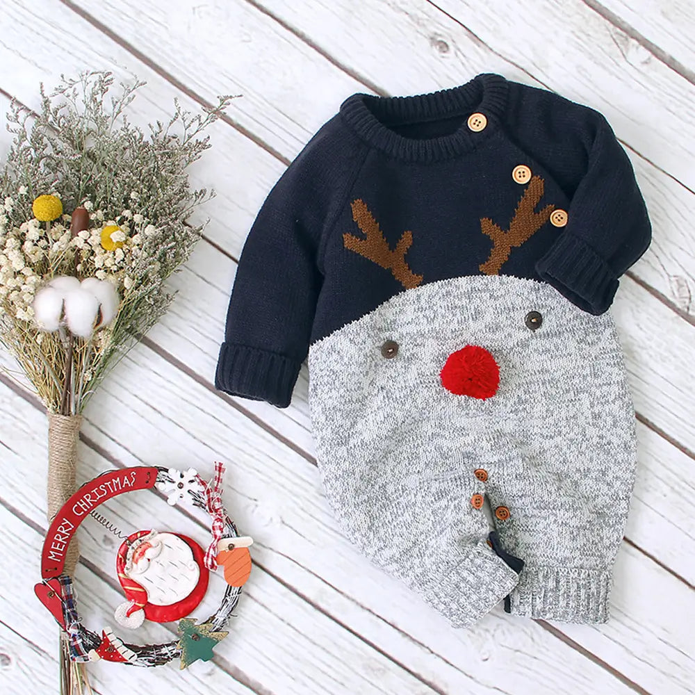 Christmas Elk Warm Sweater Baby One-piece Pullover with Snaps