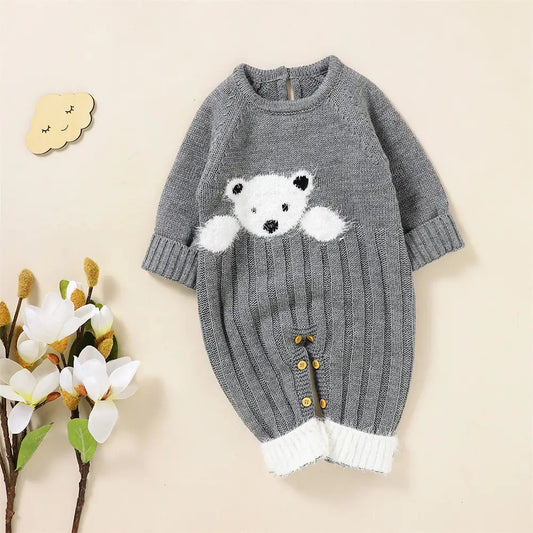 Toddler One-piece Sweater Infant Knit Sweater with Snap Button-White Bear