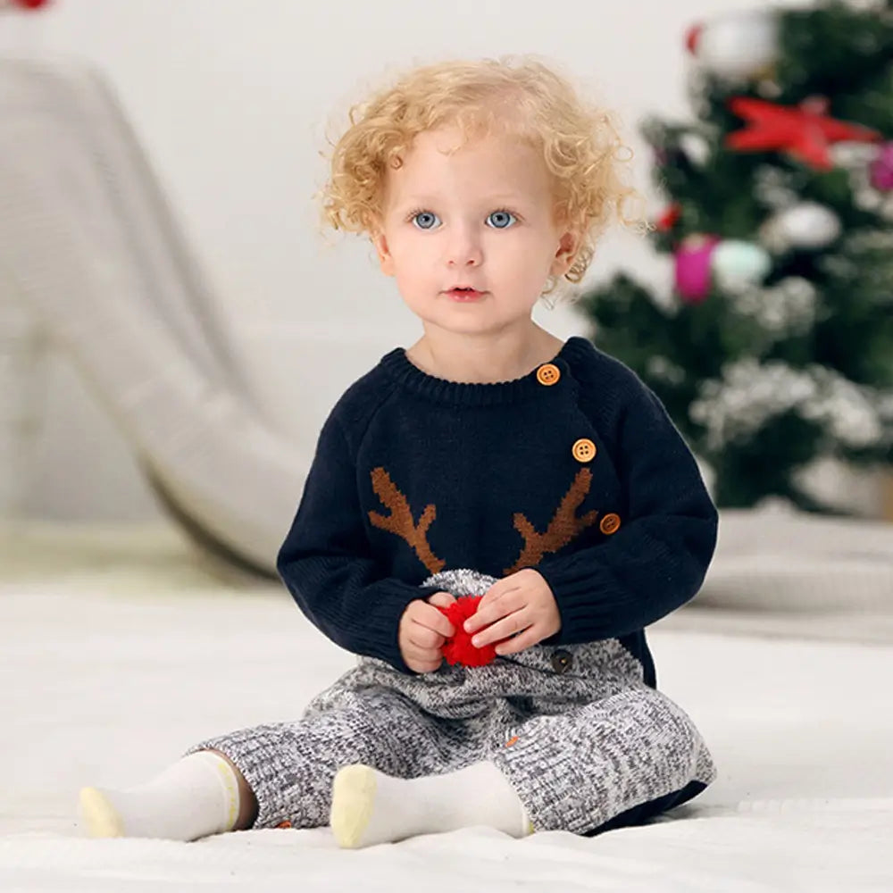 Christmas Elk Warm Sweater Baby One-piece Pullover with Snaps