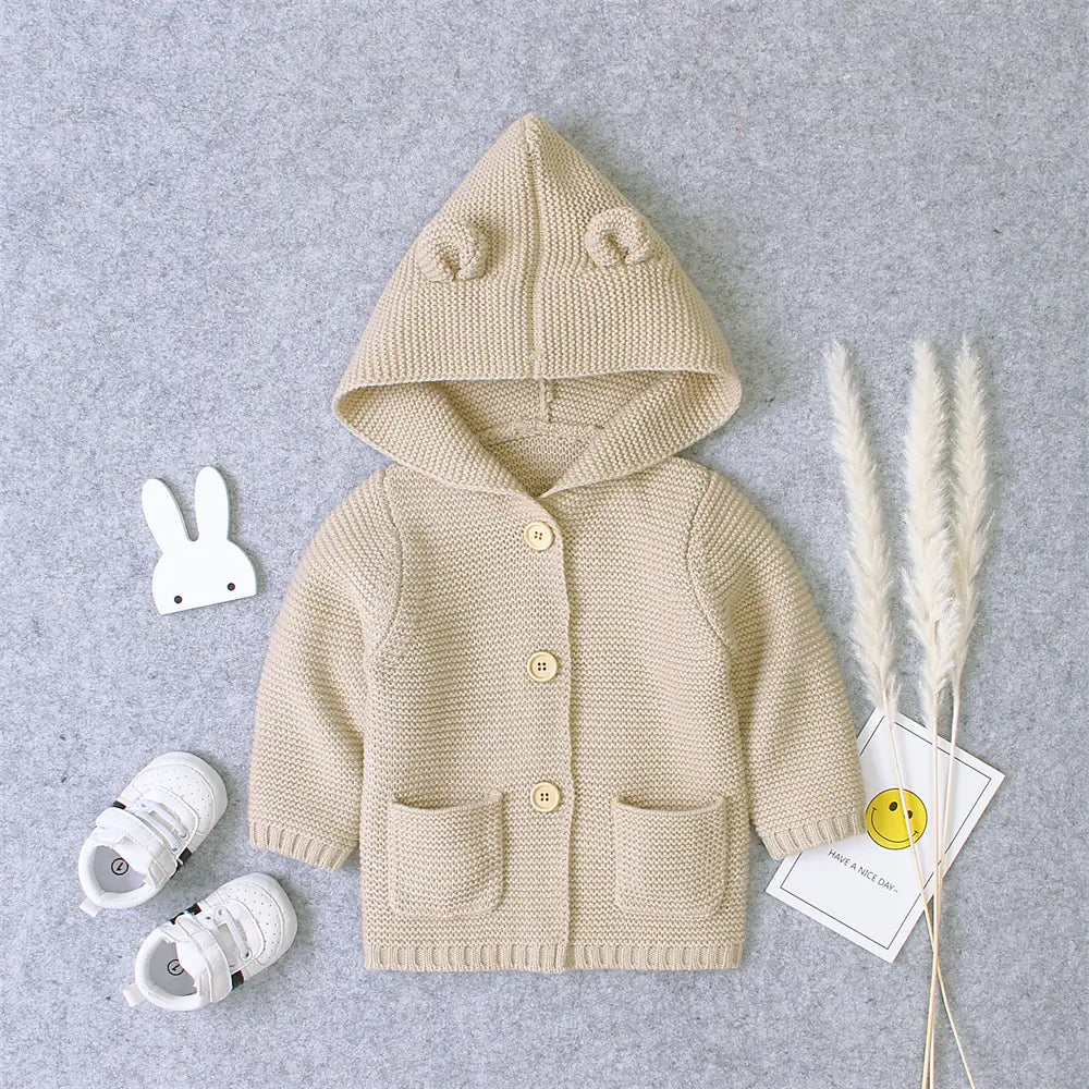 Baby Hooded Sweater Infant Knit Cardigan-Khaki